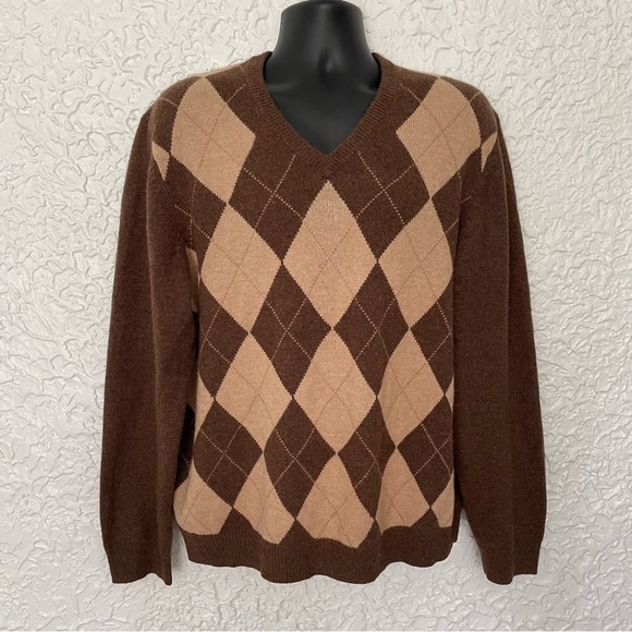 Brooks Brothers Camel Hair Argyle V Neck Pullover Sweater Size XL Brown - Picture 2 of 5